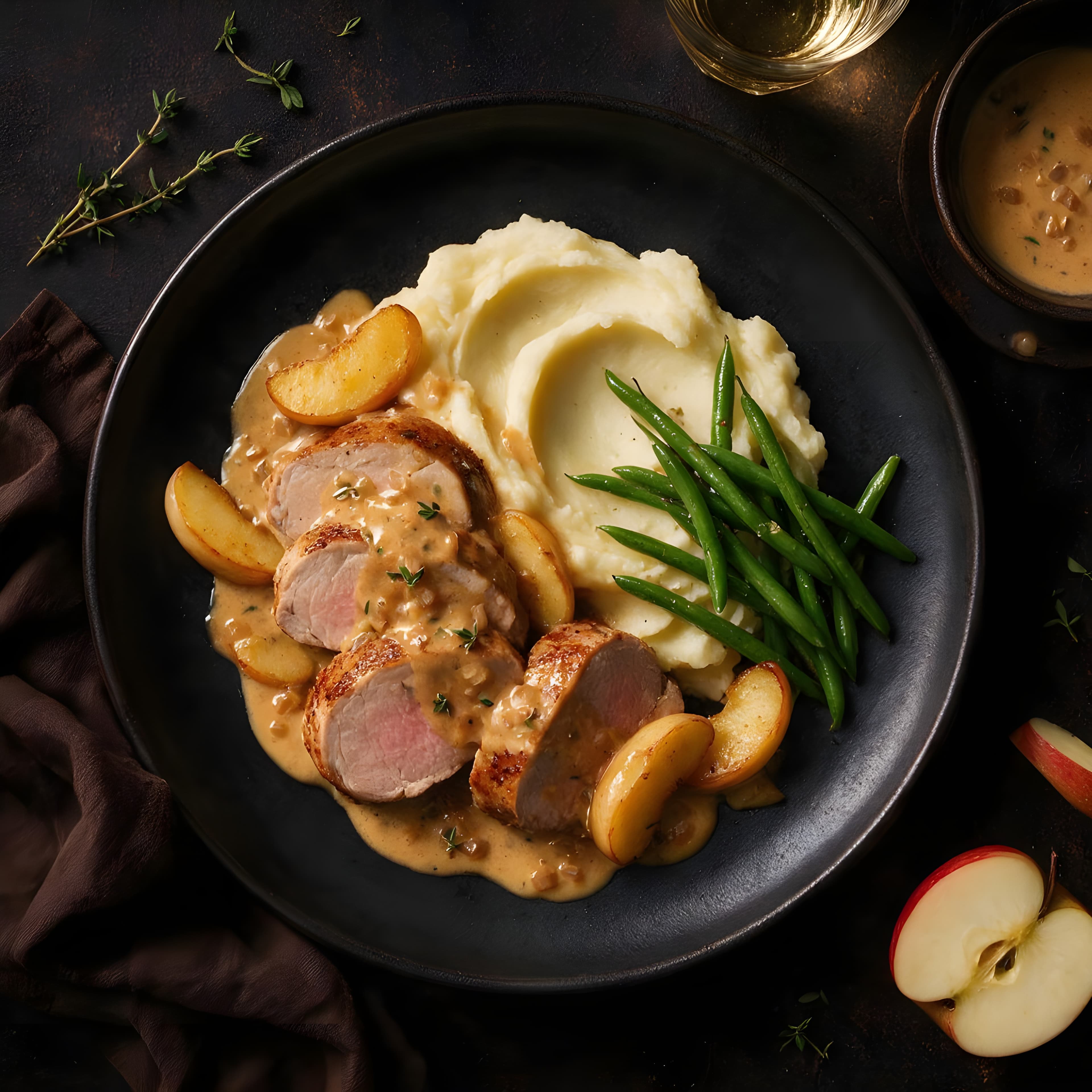 Svinefilet med eple, Calvados & Dijon