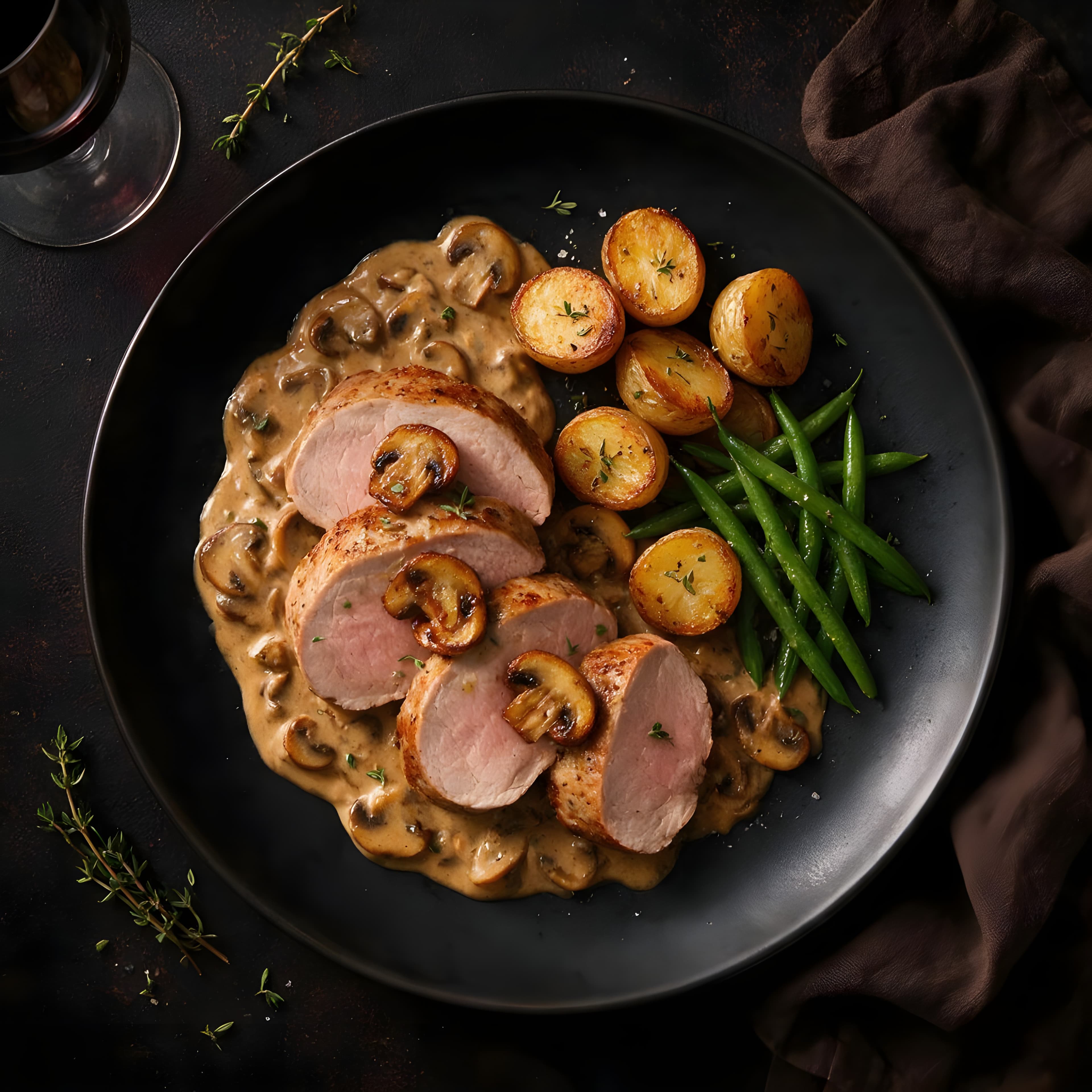 Svinefilet med kremet soppsaus & ovnsbakte småpoteter