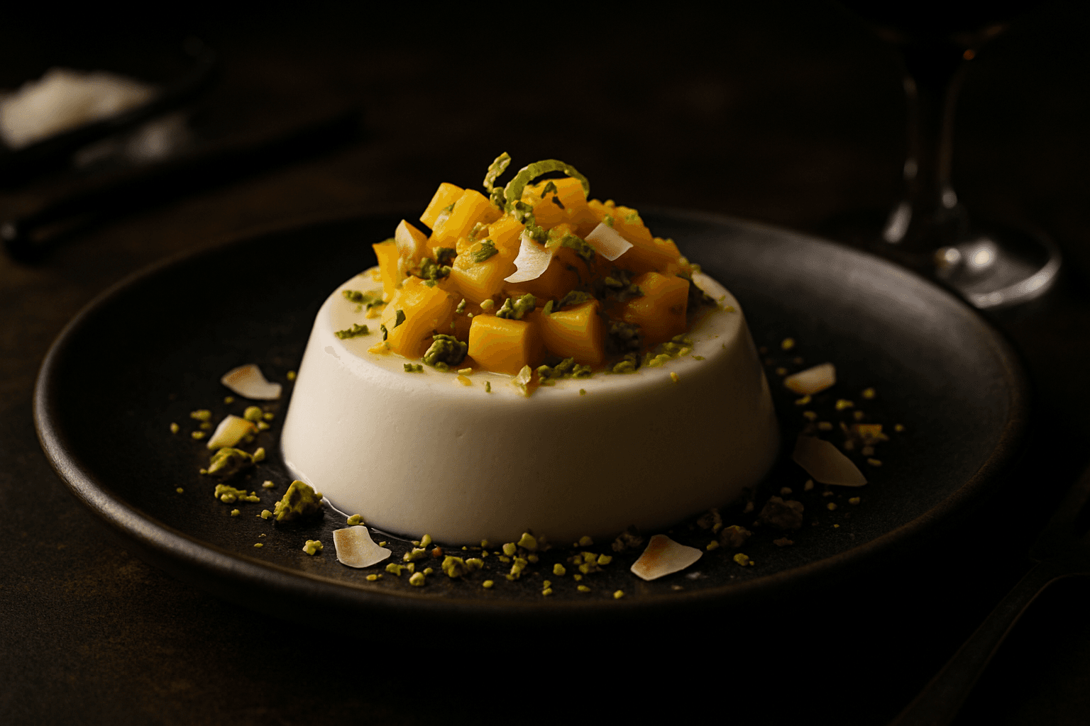 Kokos panna cotta med mango, lime og pistasj
