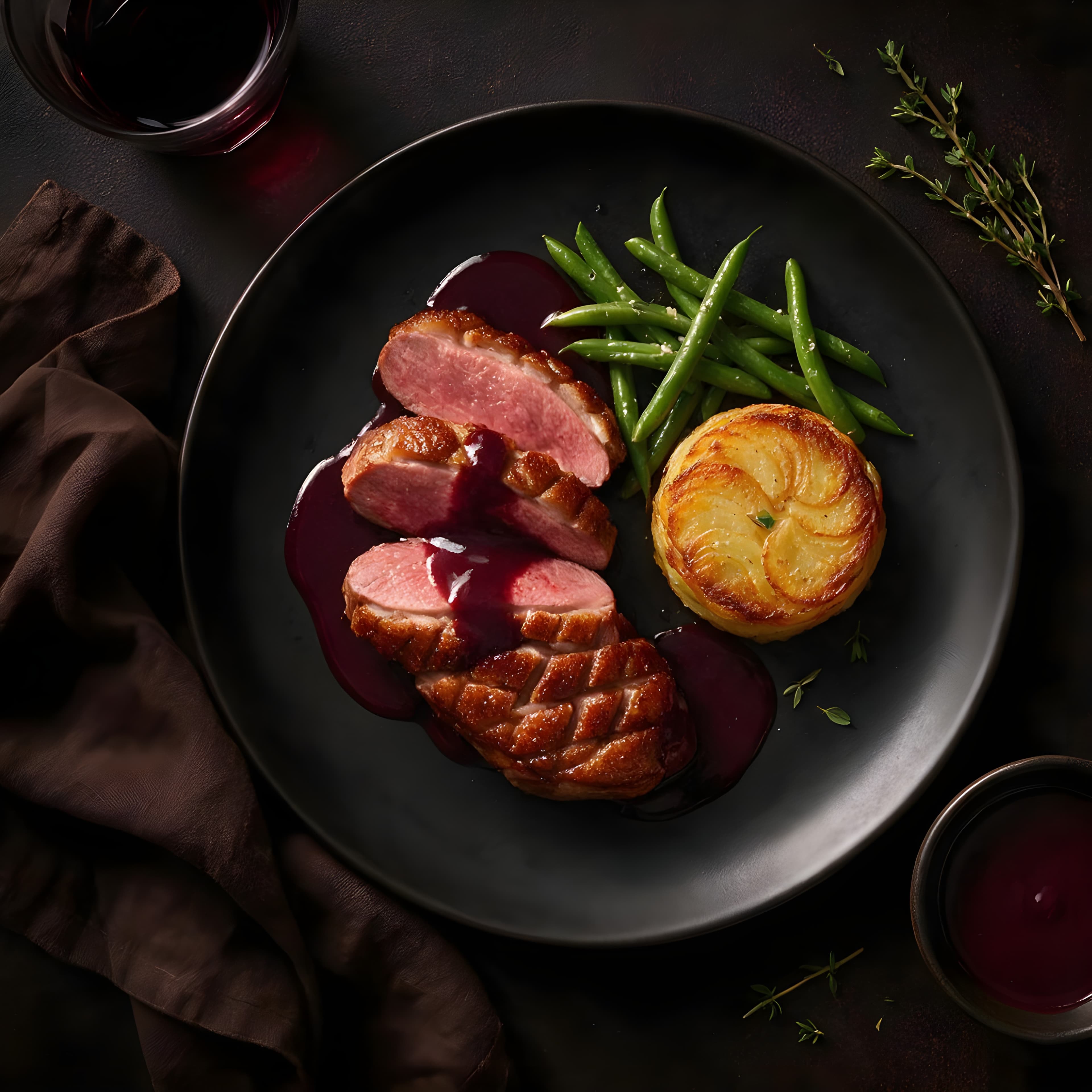 Andebryst med kirsebær- og rødvinssaus & pommes Anna
